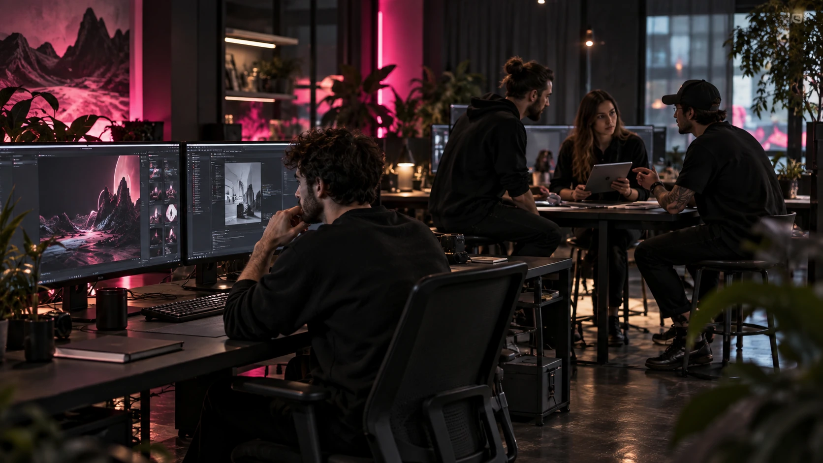 Creatief digitaal team in een donkere studio met roze verlichting